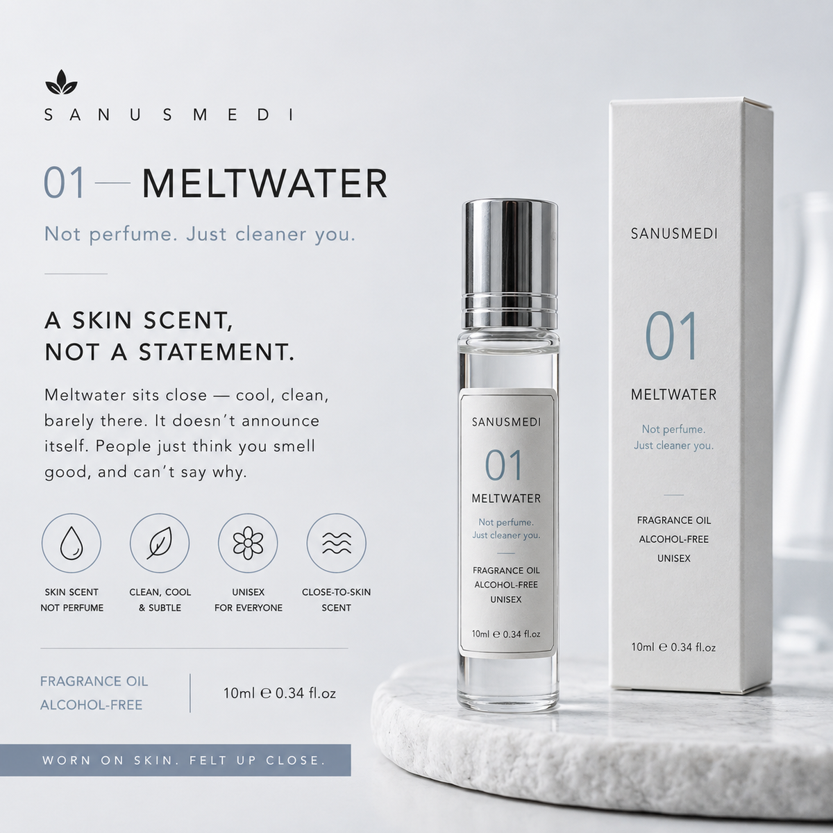 Meltwater fragrance oil rollerball held in hand, everyday unisex scent