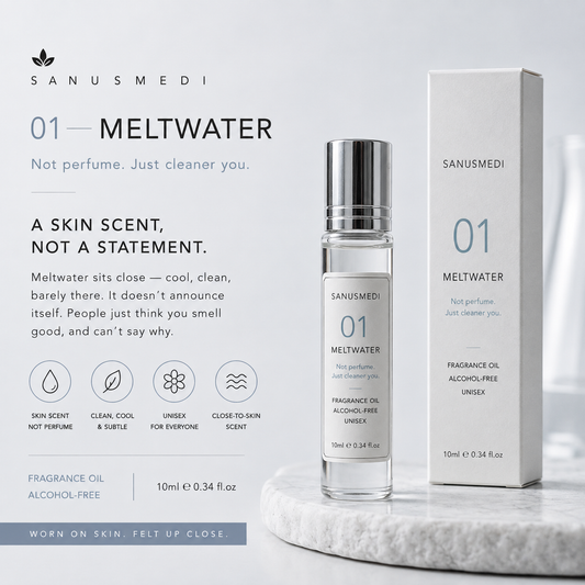 Meltwater fragrance oil rollerball held in hand, everyday unisex scent