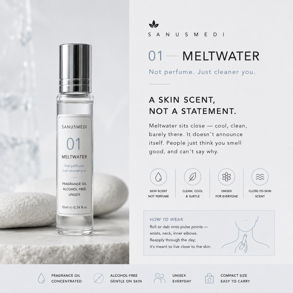 Sanusmedi Meltwater perfume oil bottle close-up showing label and cap