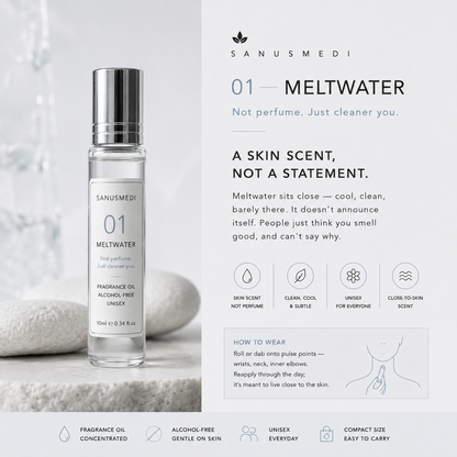 Sanusmedi Meltwater perfume oil bottle close-up showing label and cap