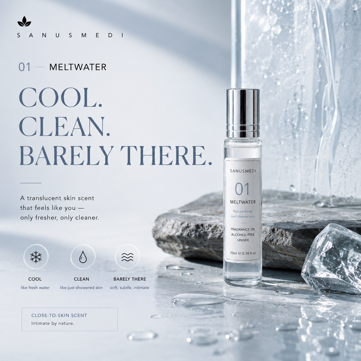 Fresh aquatic clean musk perfume oil applied to wrist pulse point