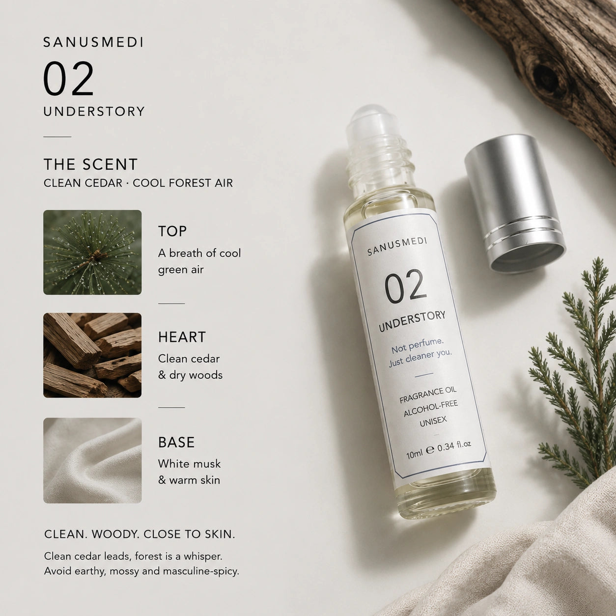 Understory woody perfume oil roll-on held in hand, unisex skin scent