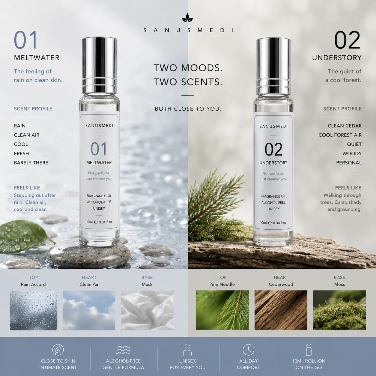 Meltwater and Understory unisex perfume oil roll-on set held in hand