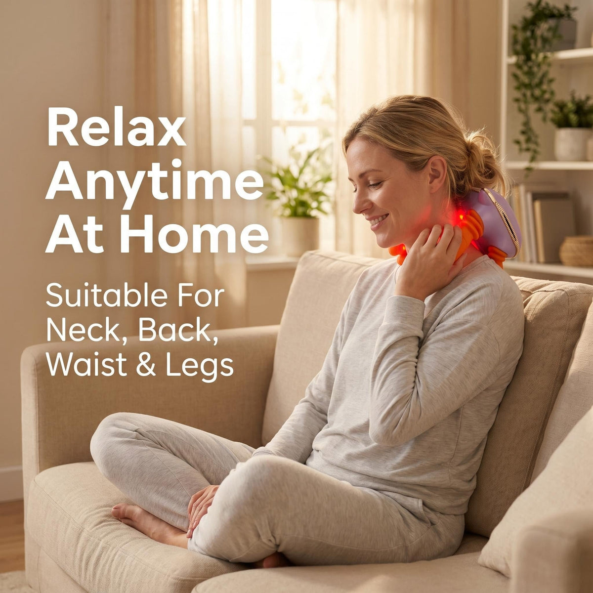 Person relaxing while using the LUMA neck and shoulder massager