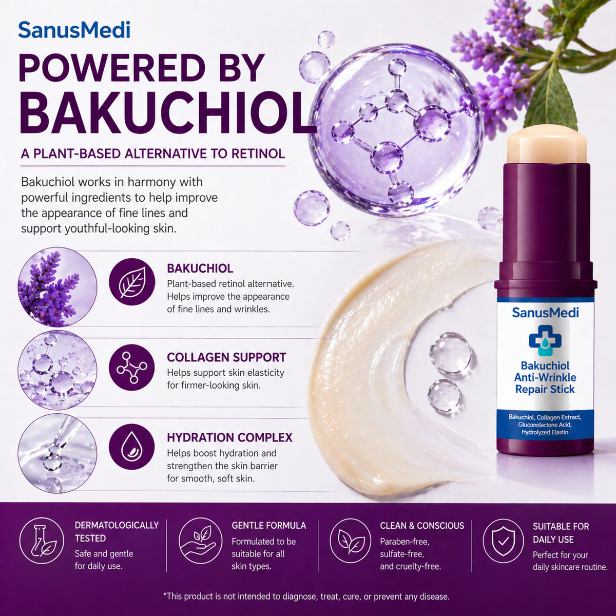 Bakuchiol Anti-Wrinkle Stick by SanusMedi reduces fine lines and wrinkles naturally