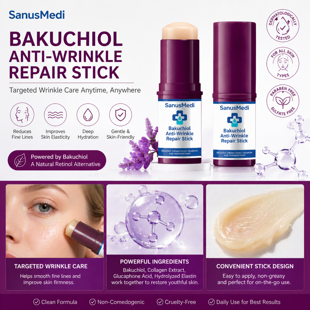 SanusMedi Bakuchiol Anti-Wrinkle Repair Stick, natural retinol alternative for sensitive skin