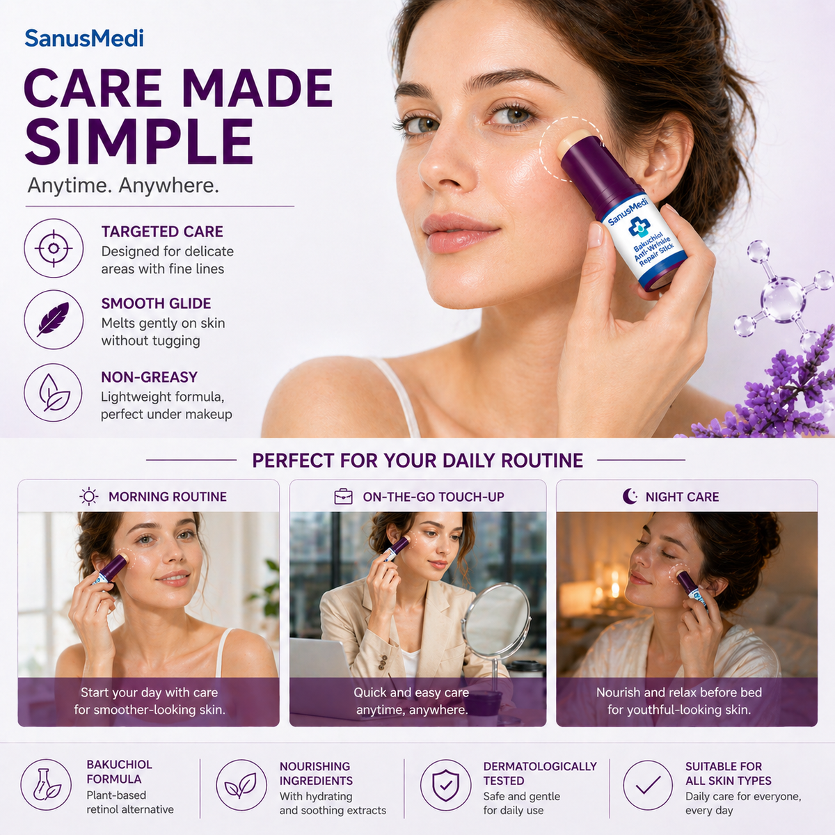 SanusMedi Bakuchiol Repair Stick packaging, clean science-backed anti-ageing skincare
